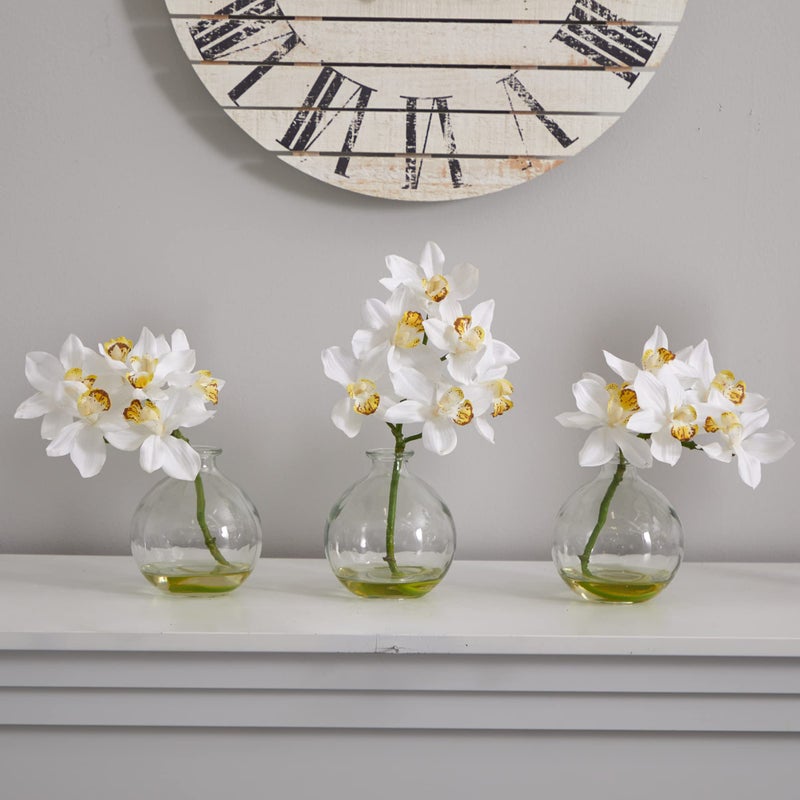 Nearly Natural Cymbidium with Vase Silk Flower Arrangement (Set of 3) - Image 4